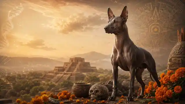 Hairless Xoloitzcuintli guardian before a Mesoamerican temple with marigolds and DNA motifs