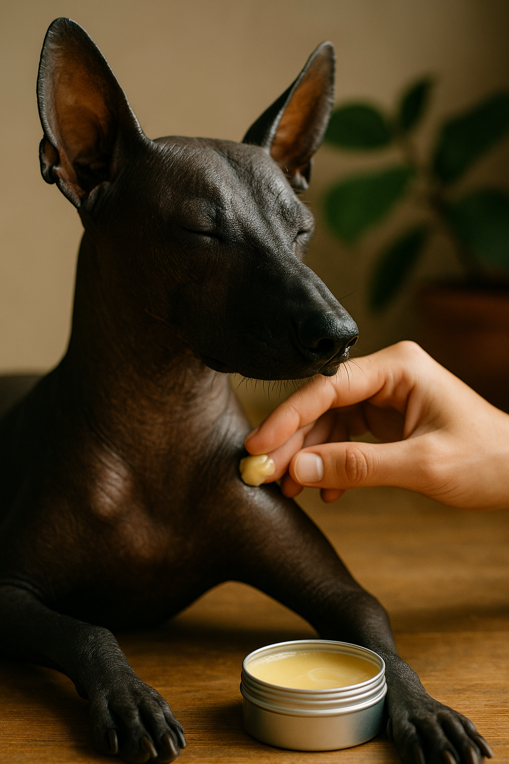 Xoloitzcuintle con piel sensible recibiendo cuidado