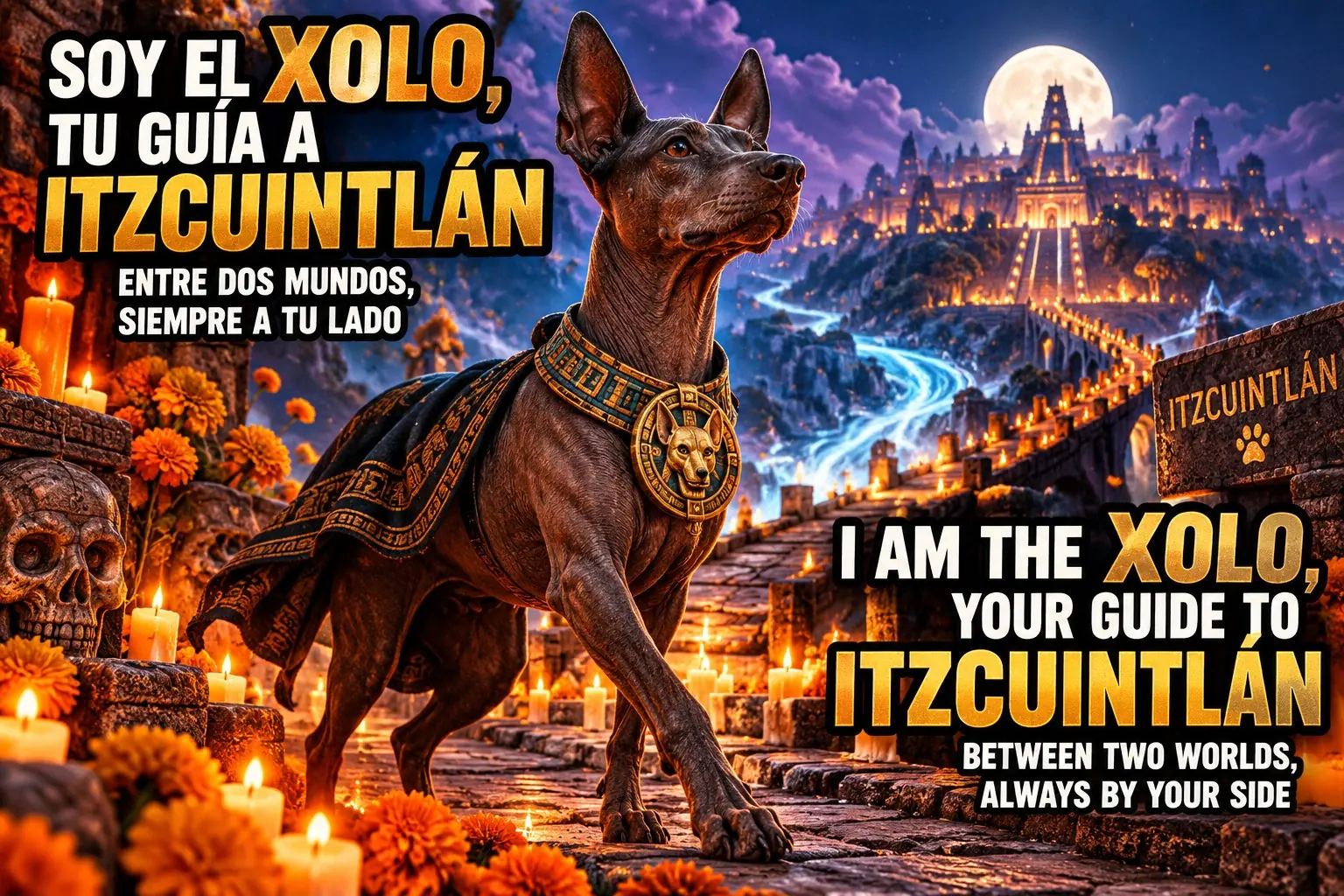 Xoloitzcuintli guiding souls through Itzcuintlán