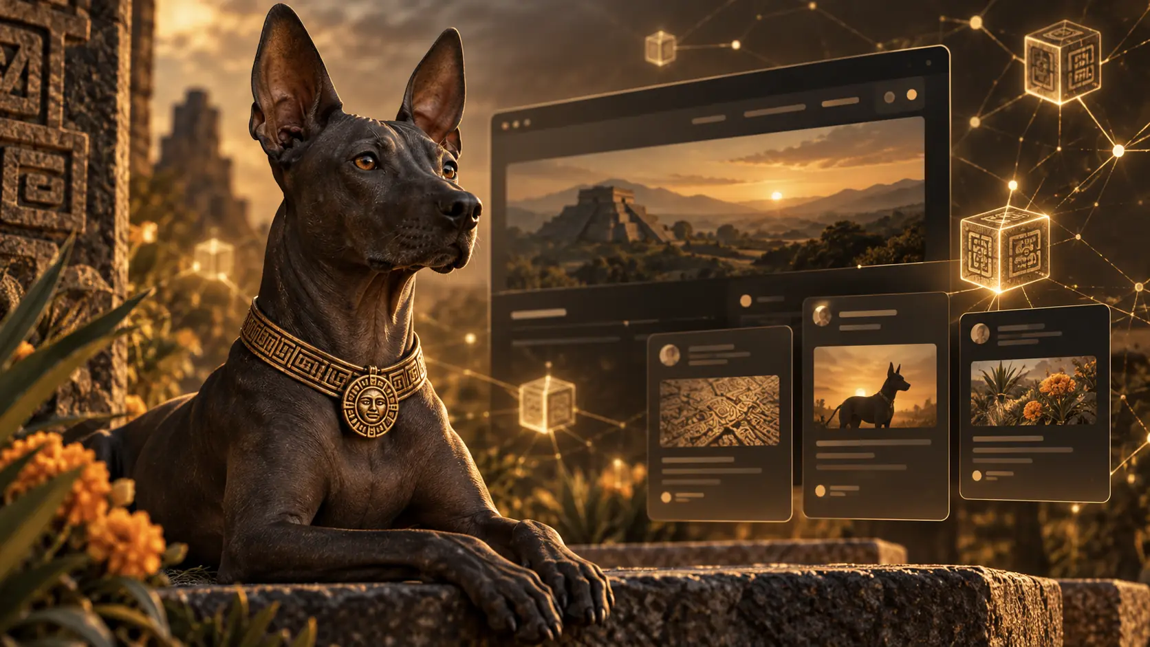 Xoloitzcuintli beside a visual representation of digital memory, community and Mesoamerican culture