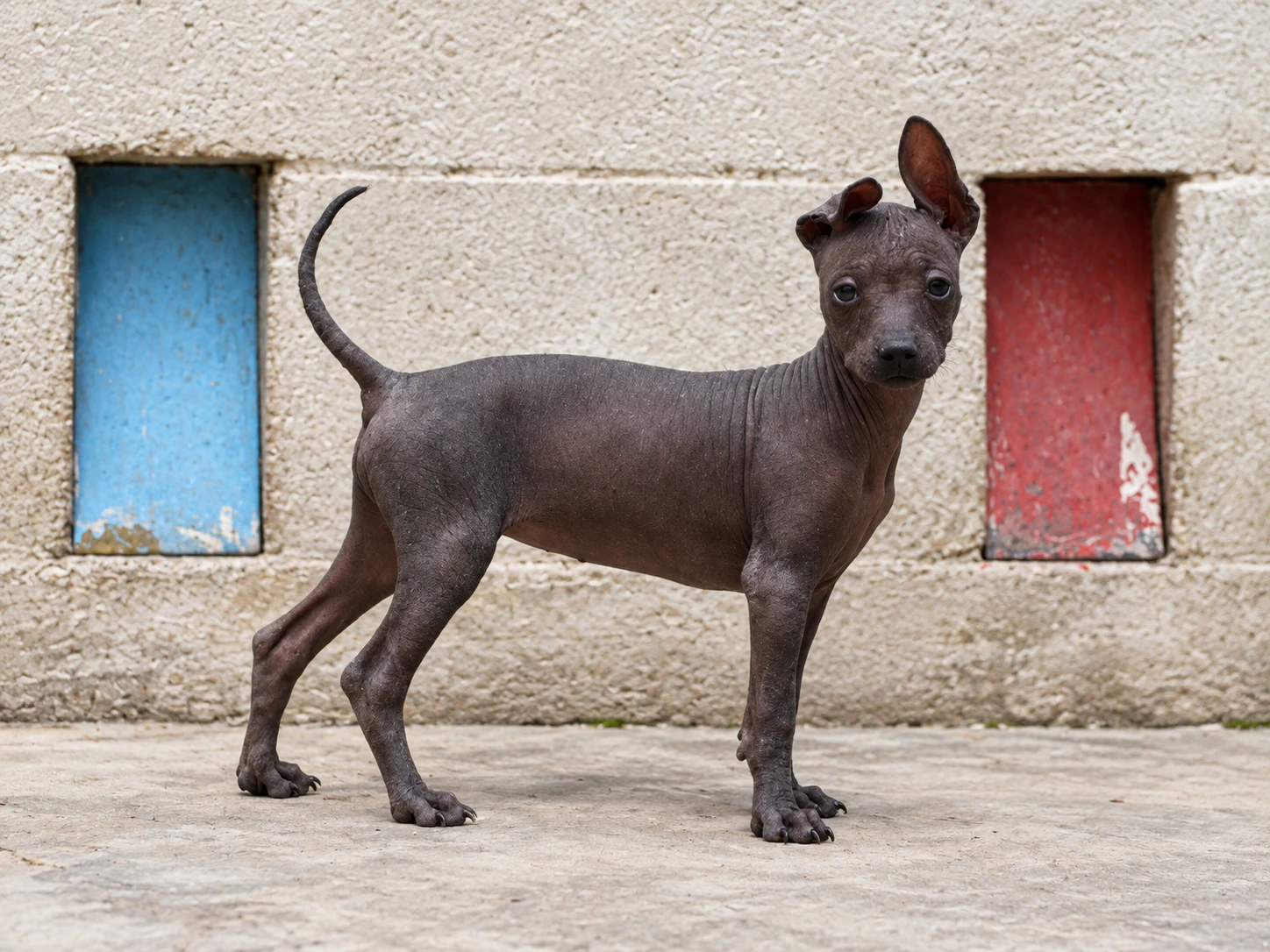 Xilonen Ramírez, xoloitzcuintle miniatura sin pelo de color oscuro, fotografiada de cuerpo completo de perfil con la cola levantada